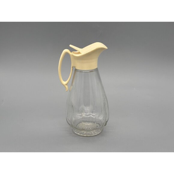 Vintage Glass Pitcher With Beige Plastic Pour Lid | Clear Starburst Base Bottle - Picture 4 of 7